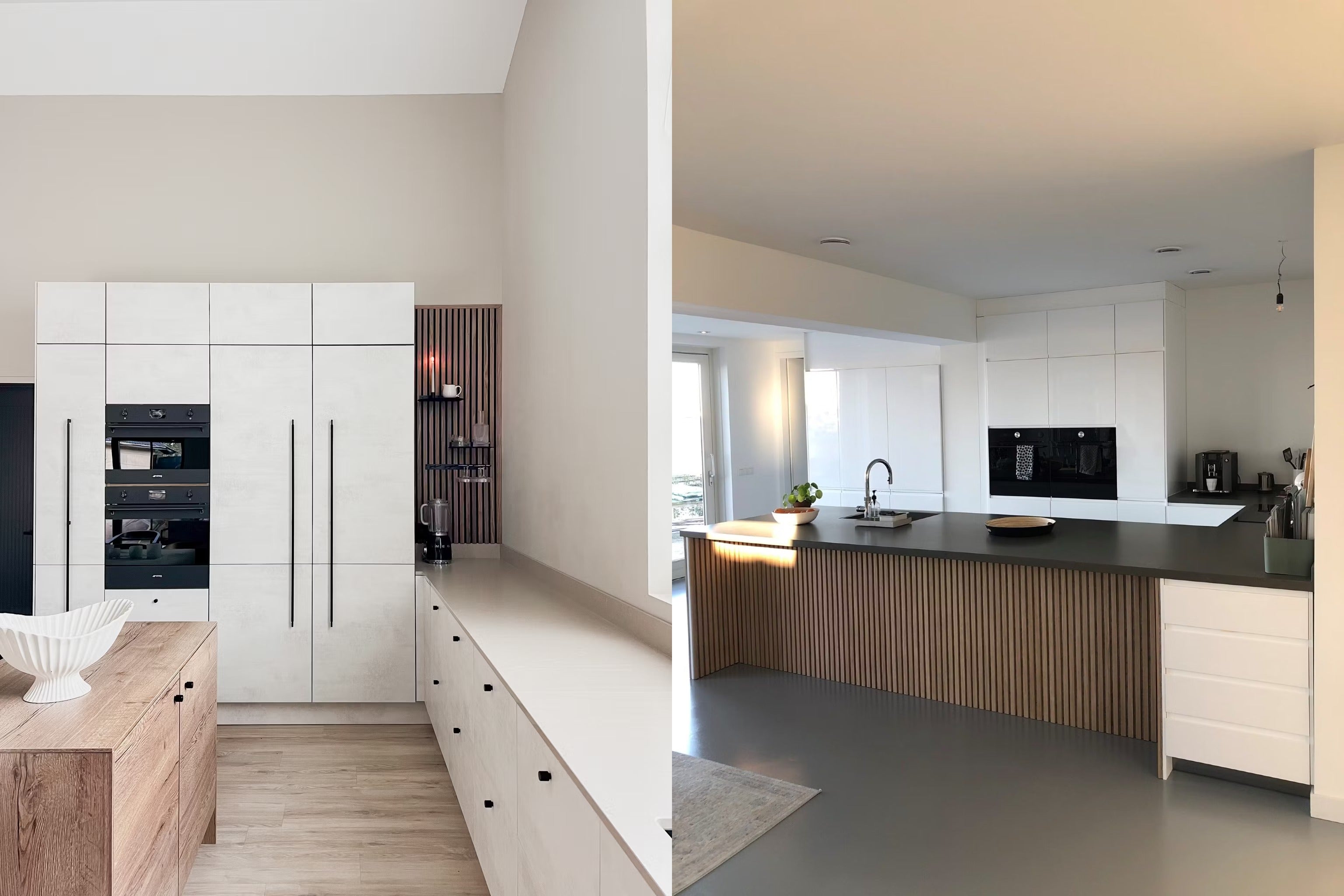 Modern kitchen featuring minimalist white cabinets, built-in ovens, sleek countertops, and Akupanel vertical wood accents beside a spacious island with sink.